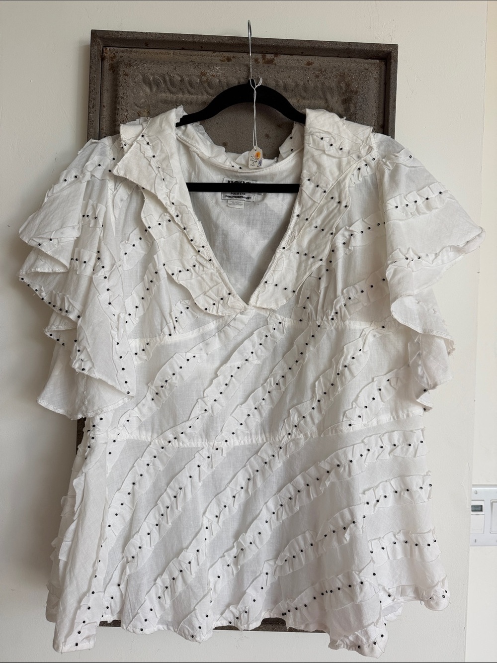 White Eyelet V-Neck Ruffle Sleeve Blouse